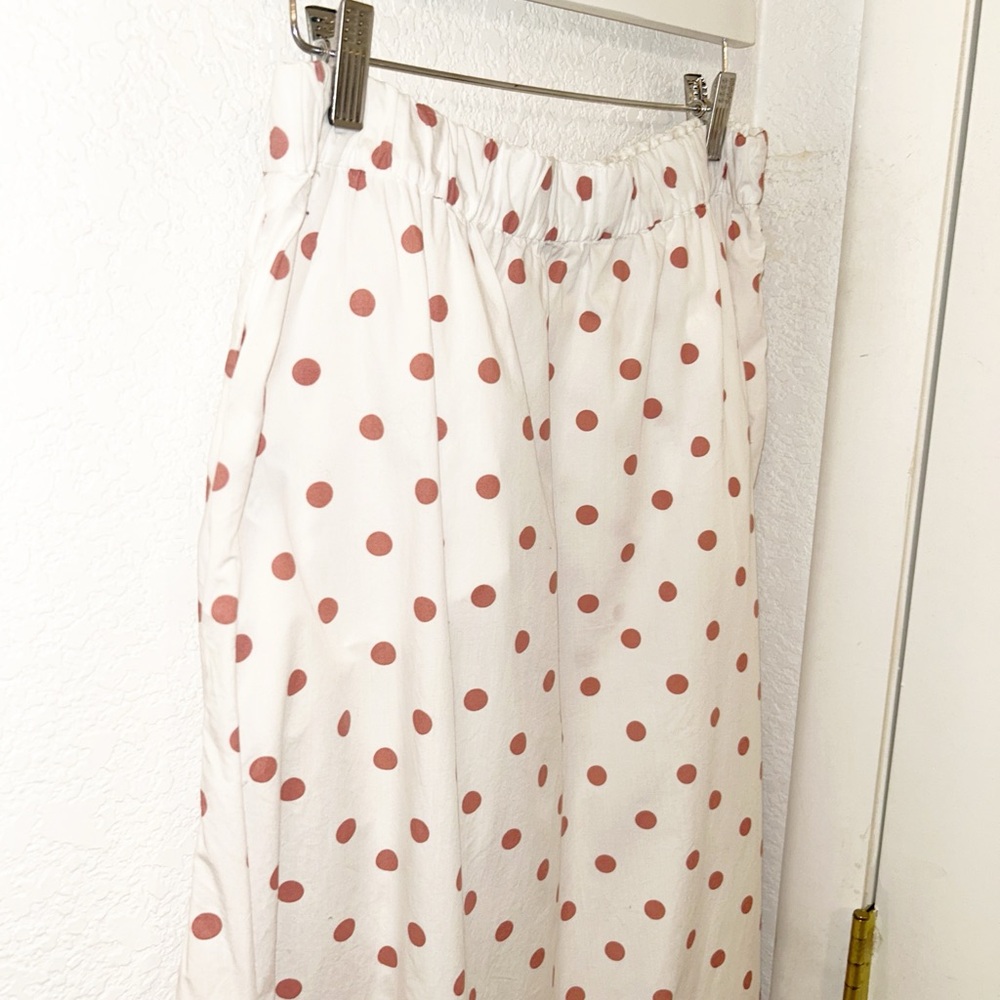 J. Crew White Pink Polka Dot Cotton Maxi Skirt Pockets Side Slit Size M - Picture 11 of 13